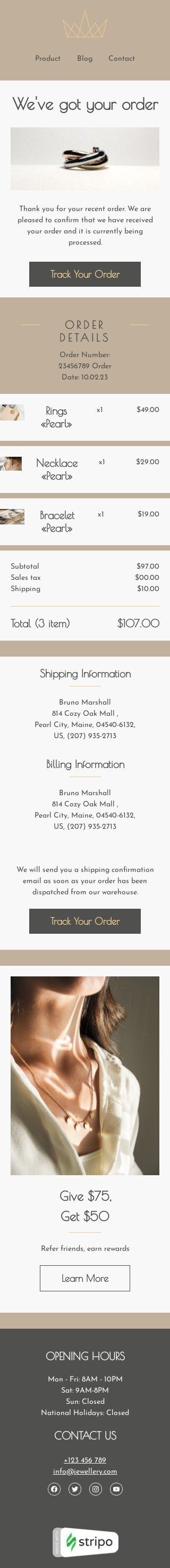 Modèle de courrier électronique сonfirmation de la commande «Nous avons votre commande» pour le secteur bijoux Affichage mobile