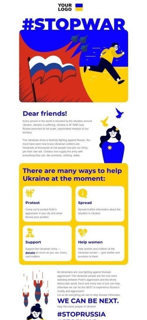 Modelo de e-mail "Ajude a Ucrânia a ficar de pé nesta guerra" Visualização de dispositivo móvel