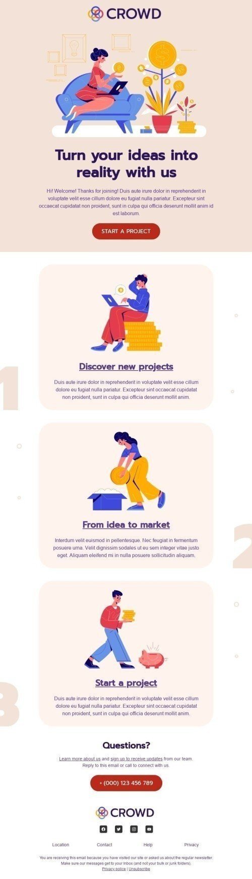 Промо шаблон письма «Воплотите свои идеи в жизнь» для индустрии «Краудфандинг» дектопный вид