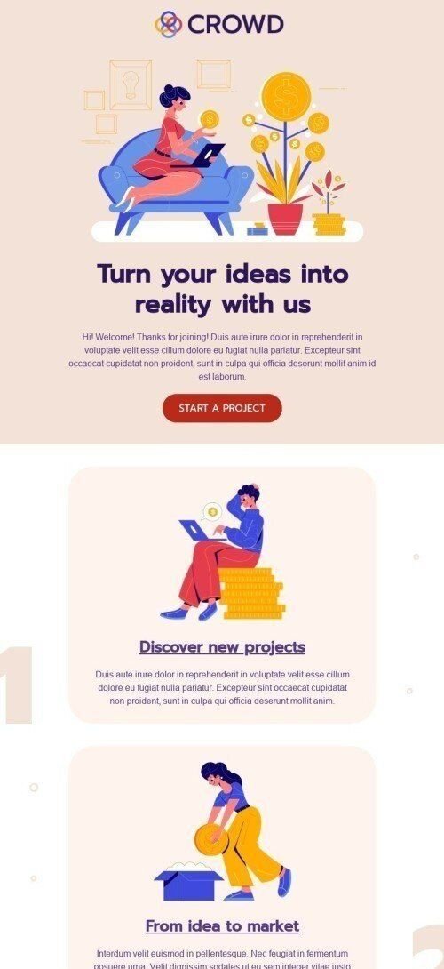 Plantilla de correo electrónico «Convierte tus ideas en realidad» de Promoción para la industria de Micromecenazgo Vista de móvil