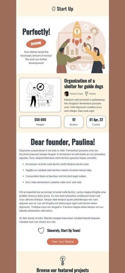 Promo Email Template "We wish you further development" for Crowdfunding industry mobile view