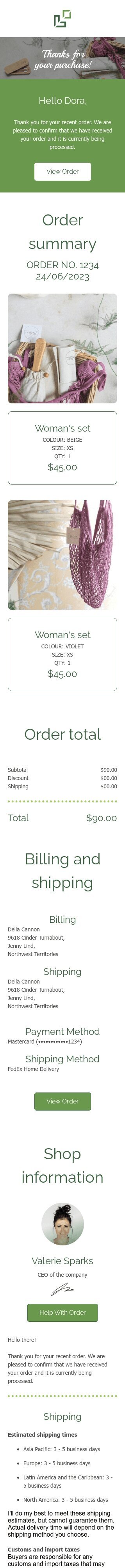 Auftragsbestätigung E-Mail-Vorlage «Danke für ihren Einkauf» für Beauty & Pflege-Branche Ansicht auf Mobilgeräten