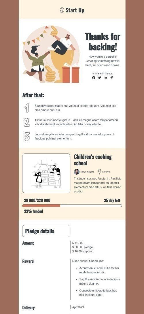 Promo Email Template "Thanks for backing" for Crowdfunding industry mobile view
