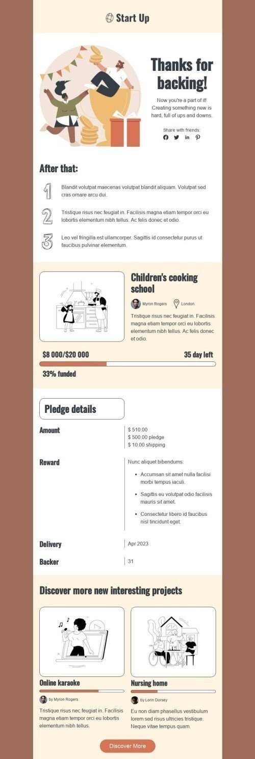 Промо шаблон листа «Дякую за підтримку» для індустрії «Краудфандинг» мобільний вигляд