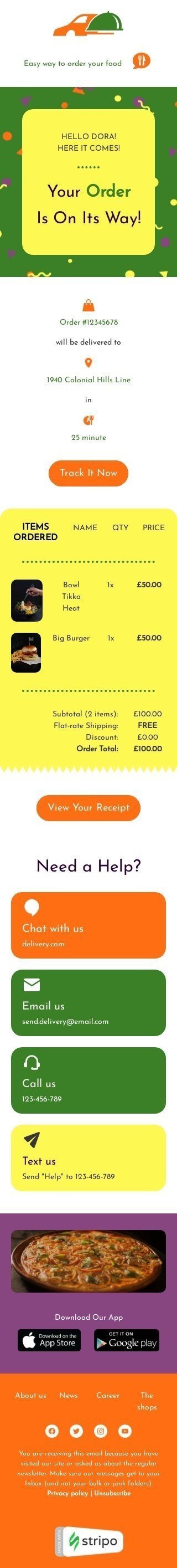 Auftragsbestätigung E-Mail-Vorlage «Einfache Möglichkeit, Ihr Essen zu bestellen» für Essen-Branche Ansicht auf Mobilgeräten