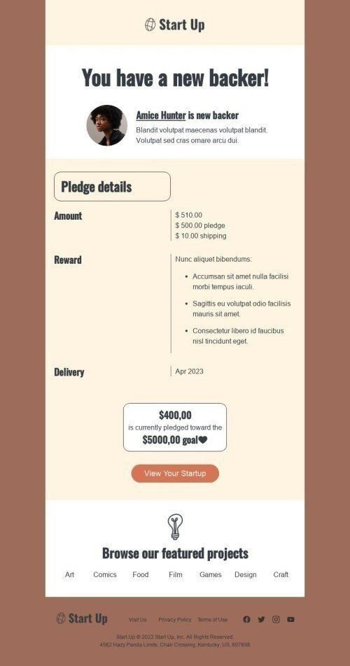 Promo Email Template "You have a new backer" for Crowdfunding industry mobile view