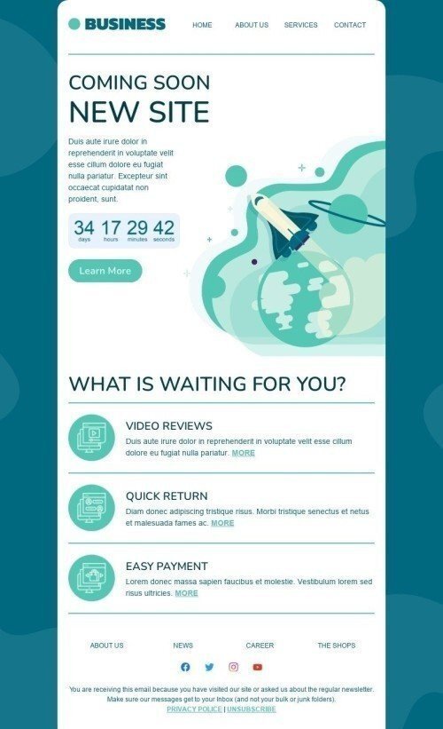 Modello Email Prossimamente «Nuovo sito» per il settore industriale di Commercio Visualizzazione mobile