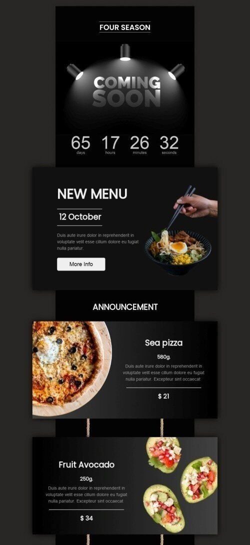 Modello Email Prossimamente «Quattro stagioni» per il settore industriale di Ristoranti Visualizzazione mobile