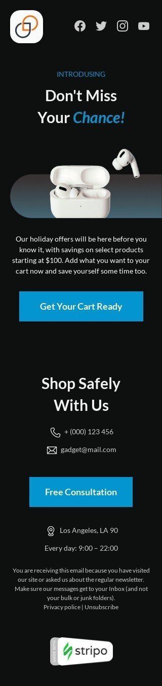 Modèle de pied de page de l'e-mail «Ne manquez pas votre chance !» pour le secteur gadgets Affichage mobile