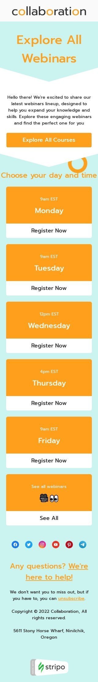 Шаблон письма «Посмотреть все вебинары» тематики футер письма для индустрии «Обучение и информация» мобильный вид