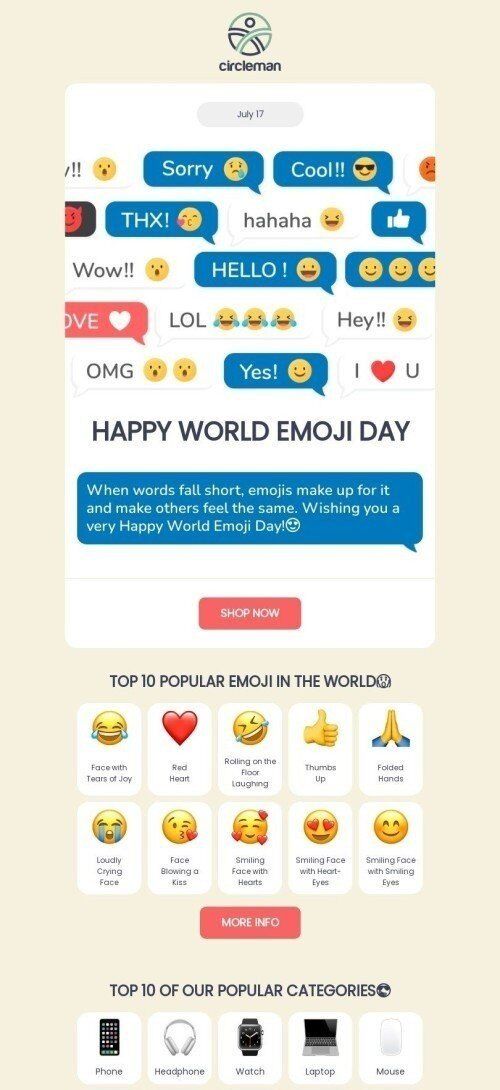 Modello Email Giornata mondiale delle Emoji «Le 10 emoji più popolari» per il settore industriale di Gadget Visualizzazione mobile