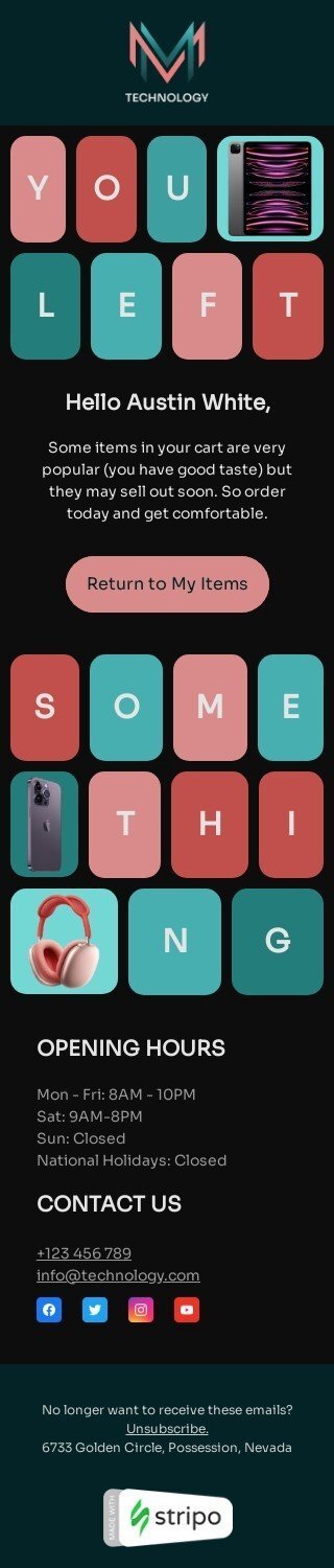 E-Mail-Fußzeile Vorlage «Du hast etwas hinterlassen» für Elektronik & Gadgets-Branche Ansicht auf Mobilgeräten