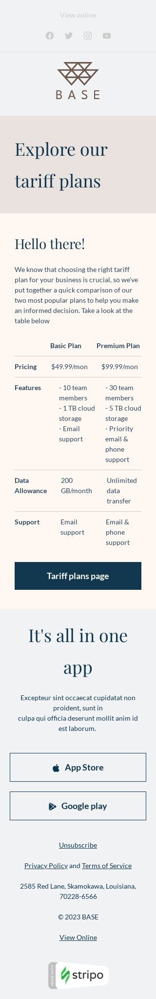 E-Mail-Fußzeile Vorlage «Entdecken Sie unsere Tarifpläne» für Business-Branche Ansicht auf Mobilgeräten