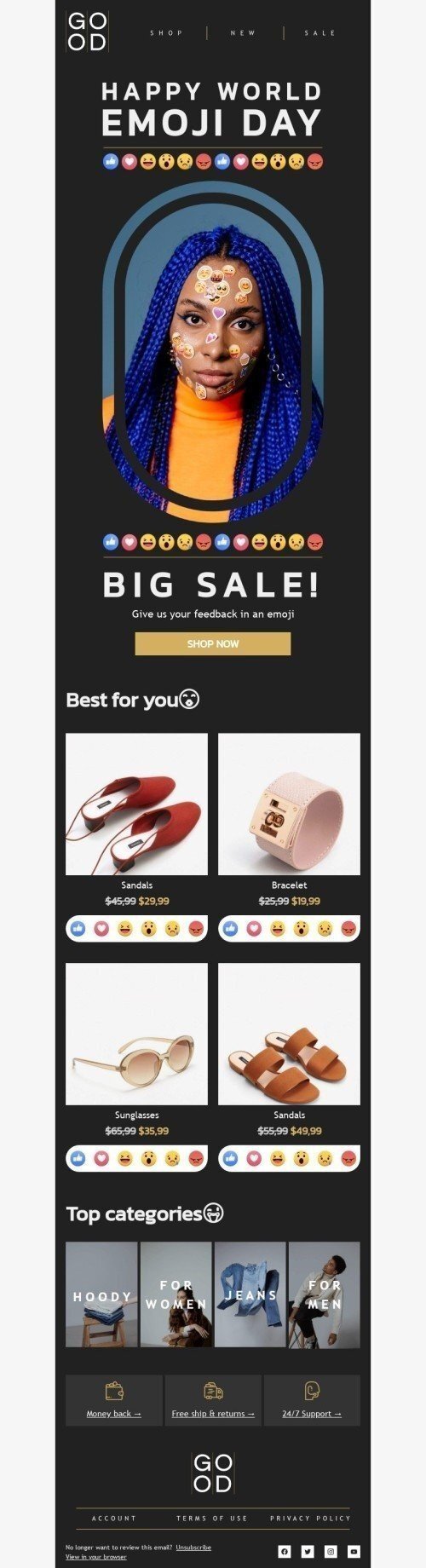 Modello Email Giornata mondiale delle Emoji «Dacci il tuo feedback in un'emoji» per il settore industriale di Moda Visualizzazione mobile