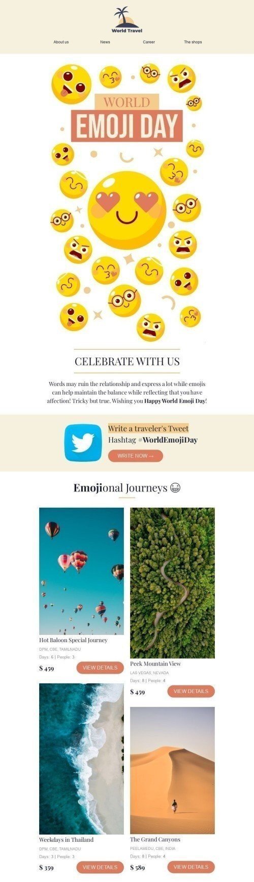 World Emoji Day Email Template "Write a traveler's Tweet" for Travel industrydesktop view