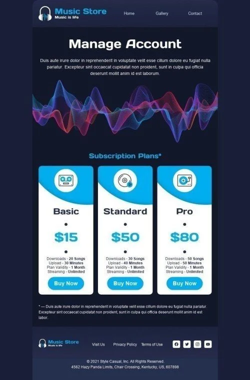Price List Email Template "Manage Account" for Music industry