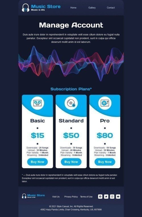 Price List Email Template "Manage Account" for Music industry mobile view