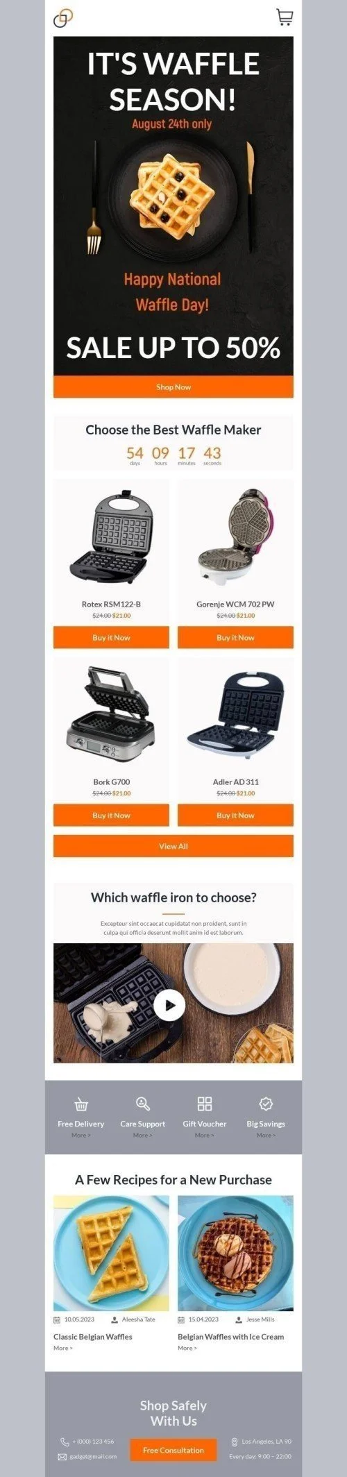 National Waffle Day Email Template "Best Waffle Maker" for Gadgets industry