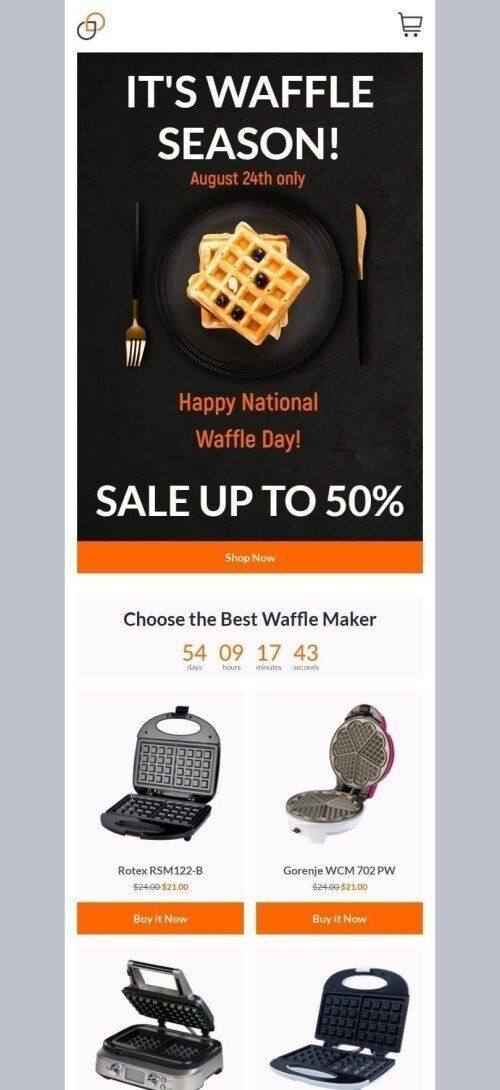Modelo de E-mail de «Melhor máquina de waffles» de Dia Nacional do Waffle para a indústria de Gadgets Visualização de dispositivo móvel