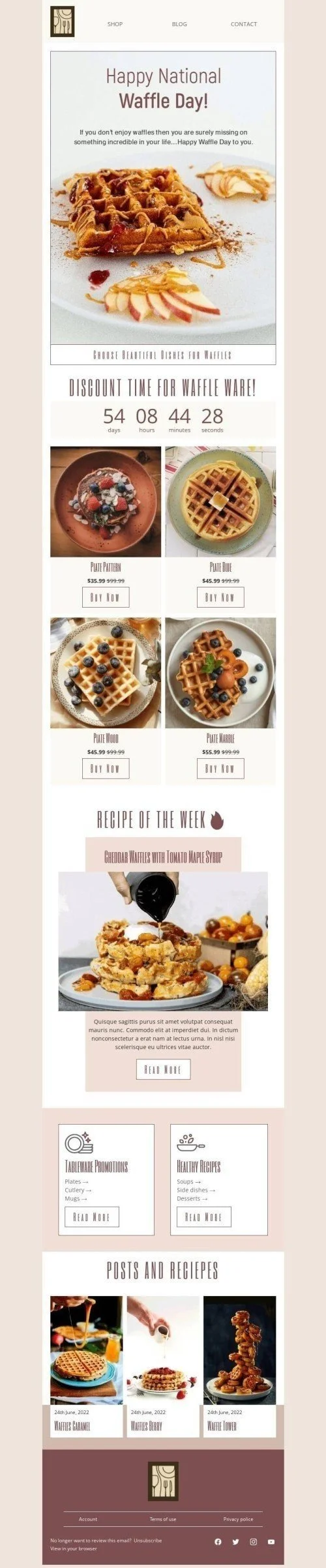 National Waffle Day Email Template "Choose beautiful dishes for waffles" for Furniture, Interior & DIY industry