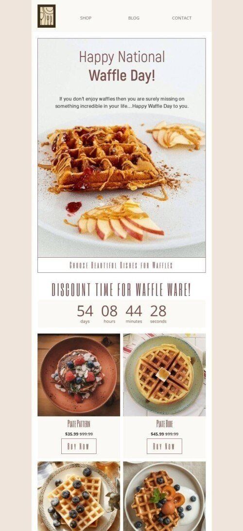National Waffle Day Email Template "Choose beautiful dishes for waffles" for Furniture, Interior & DIY industry mobile view