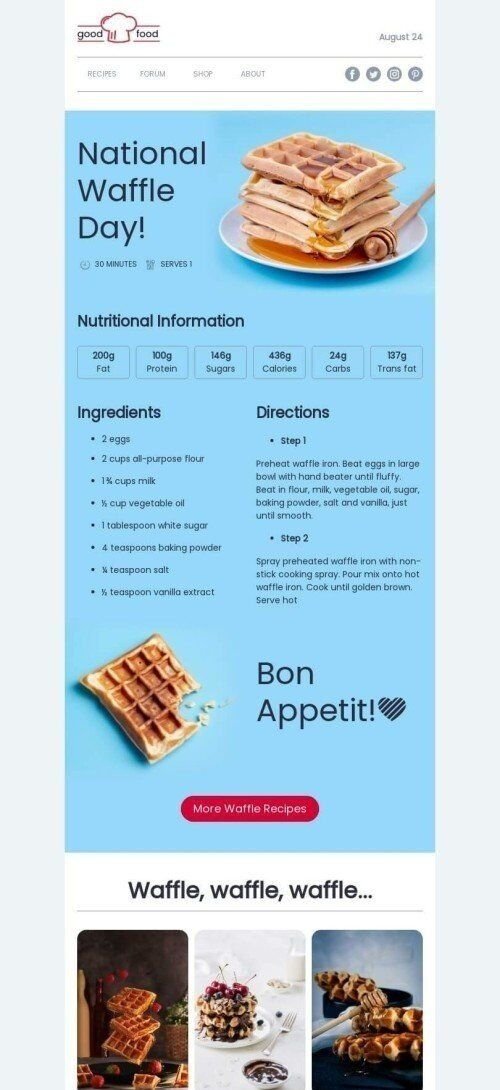 Modello Email Giornata nazionale della cialda «Condividi la tua ricetta per i waffle» per il settore industriale di Cibo Visualizzazione mobile