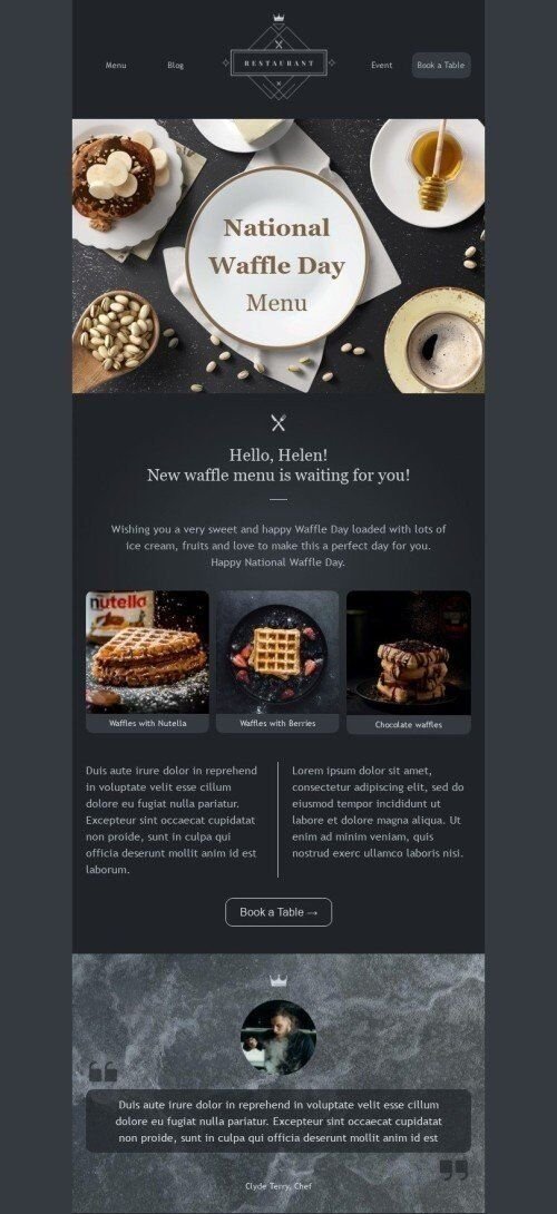 Modello Email Giornata nazionale della cialda «Nuovo menu di waffle» per il settore industriale di Cibo Visualizzazione mobile