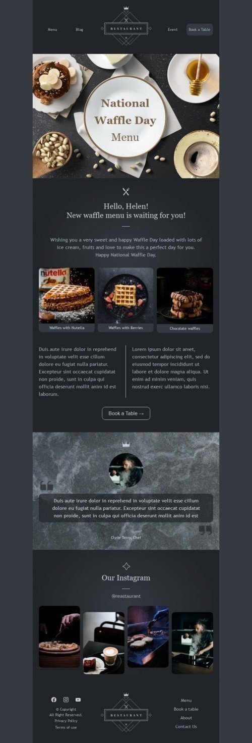 National Waffle Day Email Template "New waffle menu" for Food industrydesktop view