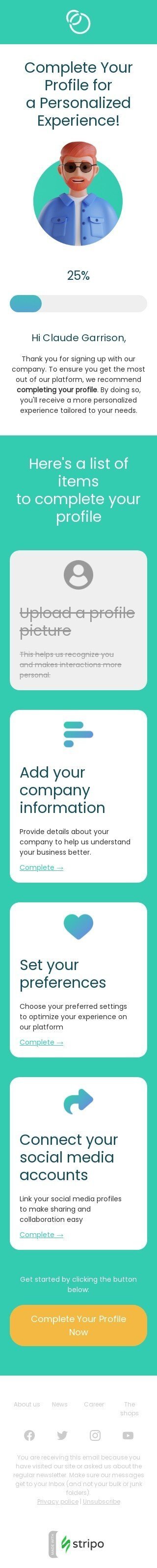 SaaS email template "Complete your profile" for software & technology industry mobile view
