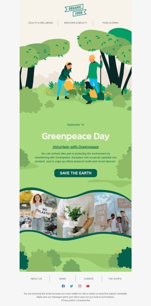 Modello Email Greenpeace Day «Fai volontariato con Greenpeace» per il settore industriale di Prodotti organici ed ecocompatibili Visualizzazione desktop