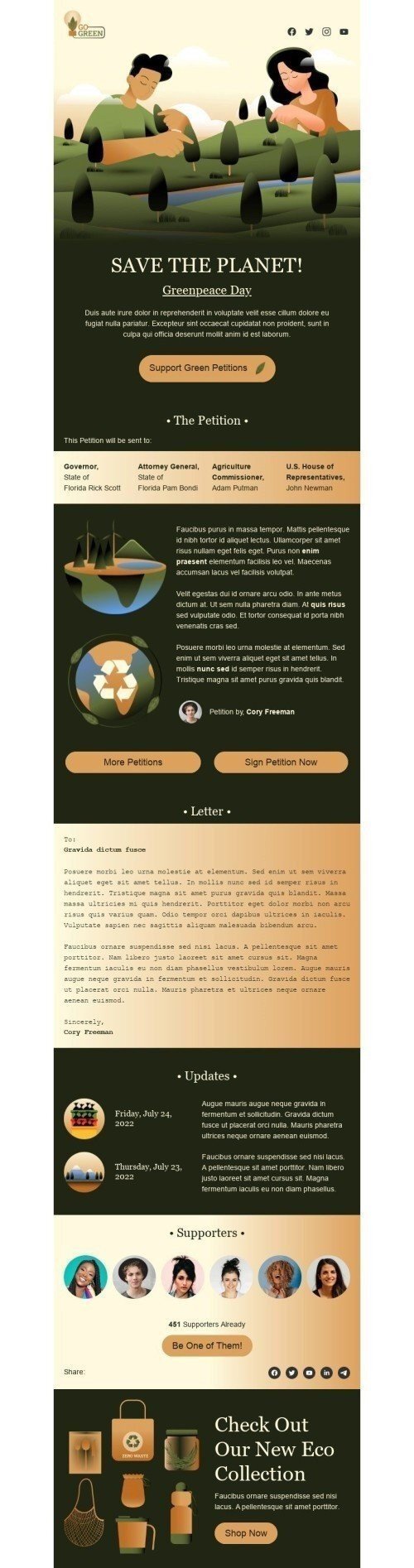 Plantilla de correo electrónico «Apoyar Peticiones Verdes» de Greenpeace Day para la industria de Sin fines de lucro y caridad Vista de escritorio