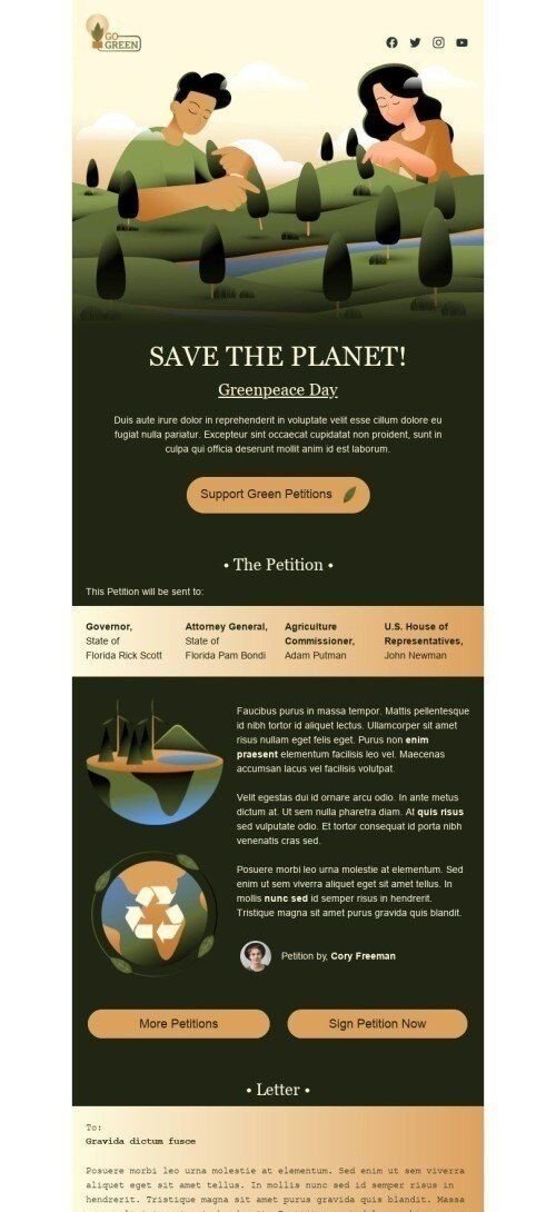 Modello Email Greenpeace Day «Sostieni le petizioni verdi» per il settore industriale di No profit e beneficenza Visualizzazione mobile