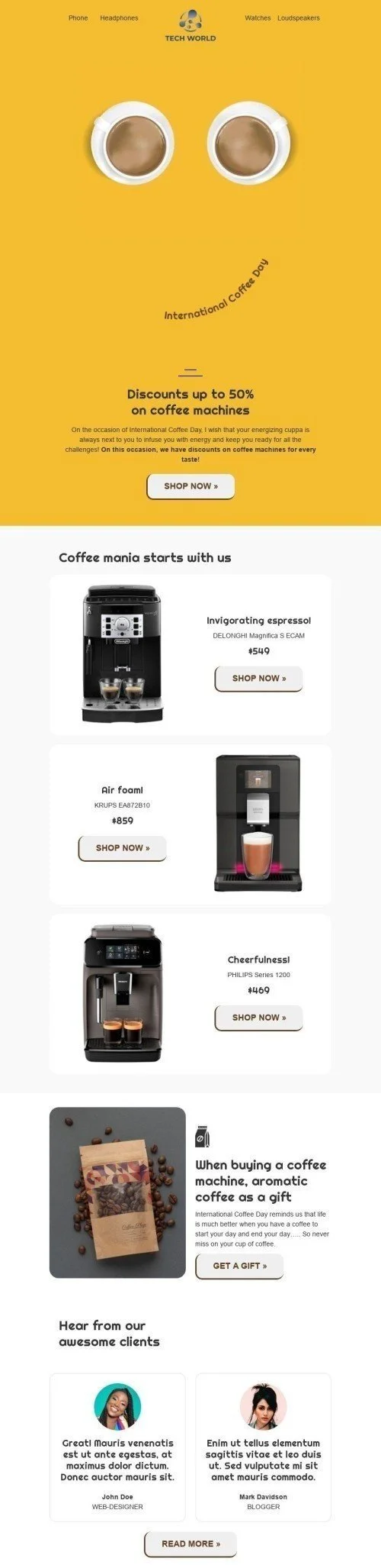 International Coffee Day Email Template "Coffee smile" for Gadgets industry
