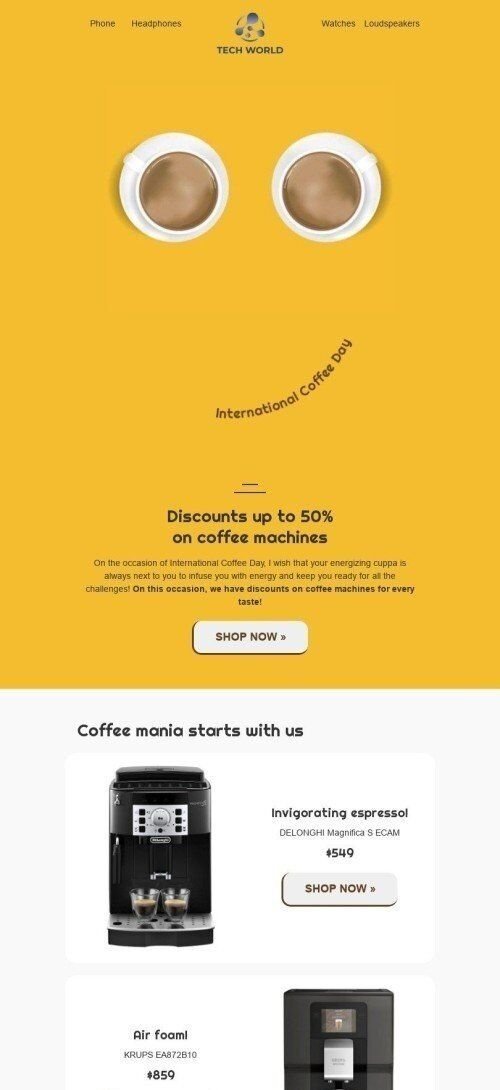 International Coffee Day Email Template "Coffee smile" for Gadgets industry mobile view