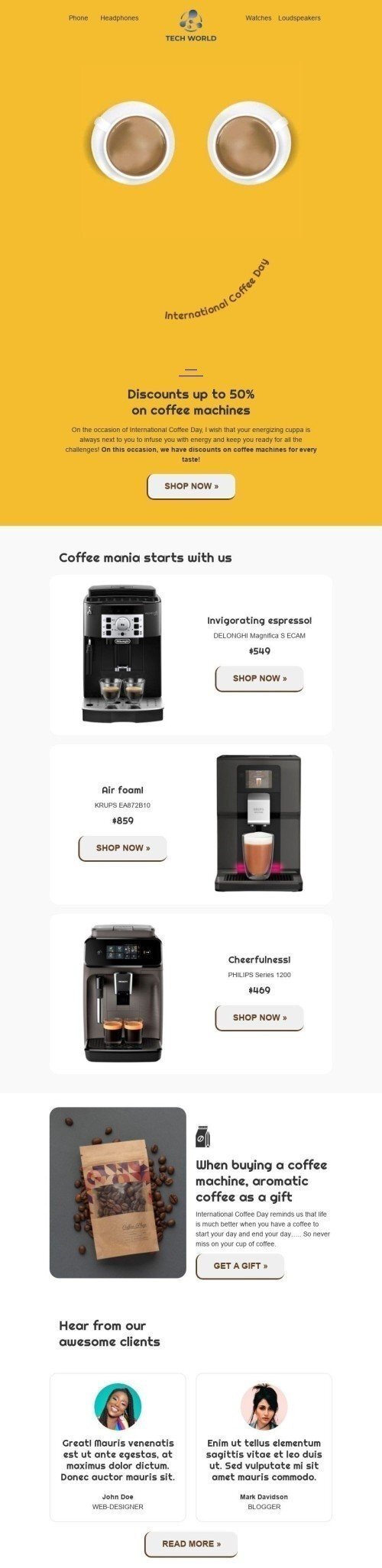 Internationaler Tag des Kaffees E-Mail-Vorlage «Kaffee Lächeln» für Elektronik & Gadgets-Branche Ansicht auf Mobilgeräten