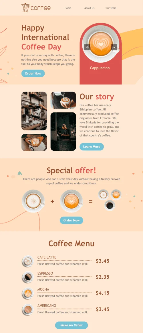 International Coffee Day Email Template "Happy hours!" for Beverages industry