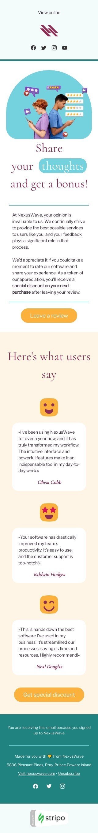 SaaS email template "Share your thoughts" for business industry mobile view