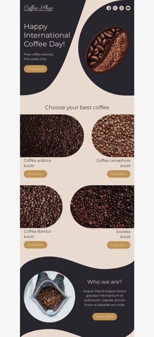 Modello Email Giornata internazionale del caffè «Scegli il tuo miglior caffè» per il settore industriale di Bevande Visualizzazione mobile
