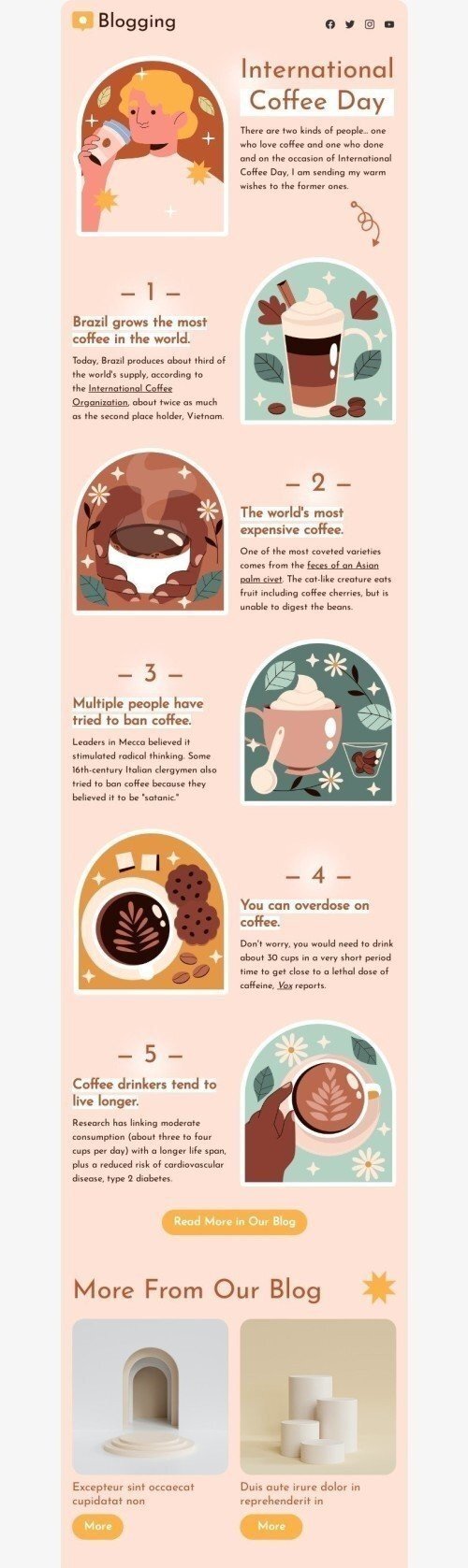 Modèle de courrier électronique Journée internationale du café «Vous pouvez faire une overdose de café» pour le secteur Publications & Blogging Affichage ordinateur