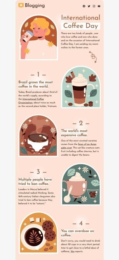 International Coffee Day Email Template "You can overdose on coffee" for Publications & Blogging industry mobile view