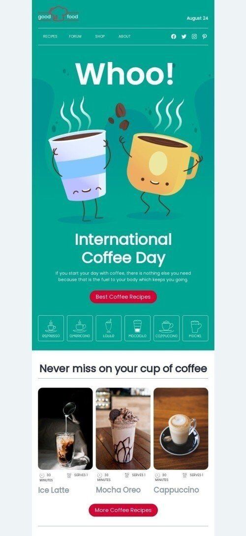 International Coffee Day Email Template "Best coffee recipes" for Food industry mobile view