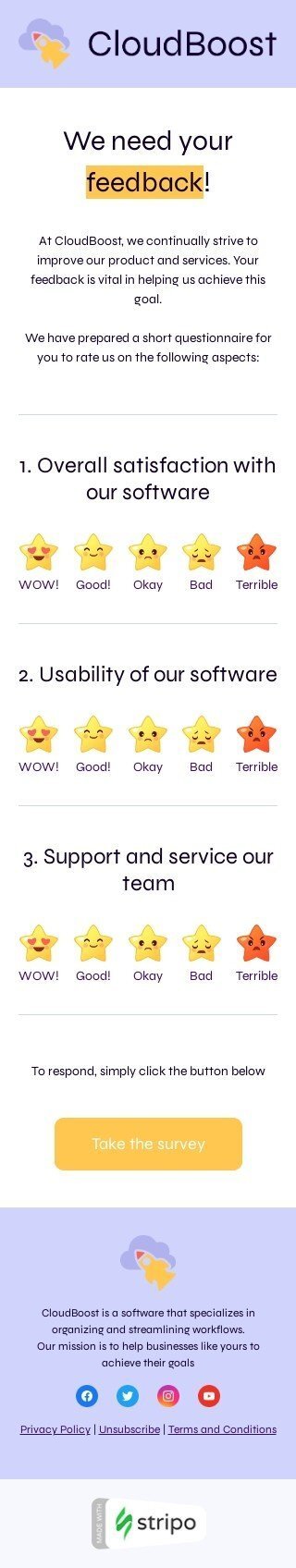Modelo de e-mail de «Precisamos do seu feedback!» de SaaS para a indústria de negócios Visualização de dispositivo móvel