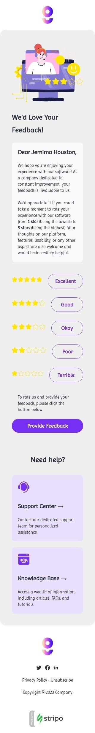 Modelo de e-mail de «Adoraríamos seu feedback!» de SaaS para a indústria de negócios Visualização de dispositivo móvel
