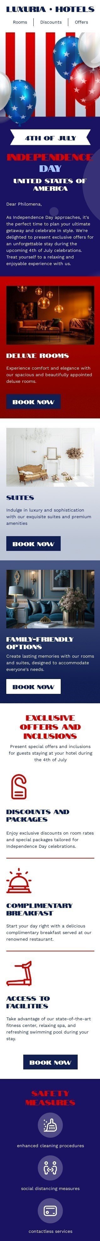 Independence Day email template "Independence Day approaches" for hotels industry mobile view