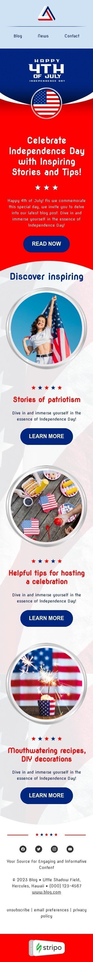 Modelo de e-mail de «Histórias de patriotismo» de Dia da Independência para a indústria de publicações & blogs Visualização de dispositivo móvel