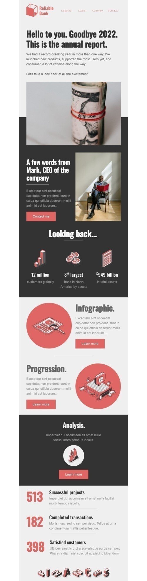 Plantilla de correo electrónico «Este es el informe anual» de Revisión anual para la industria de Finanzas Vista de móvil