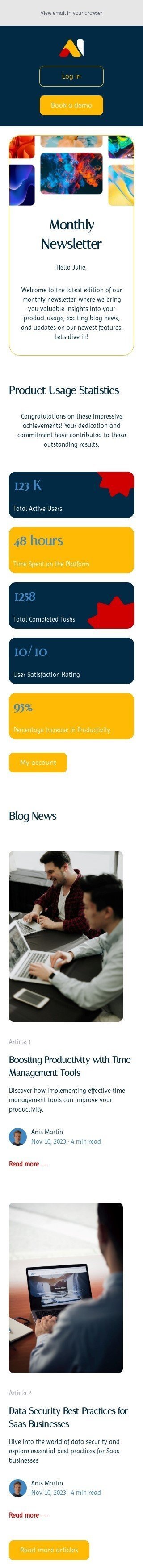 Modello email SaaS «Statistiche sull'utilizzo del prodotto» per il settore industriale di software e tecnologia Visualizzazione mobile