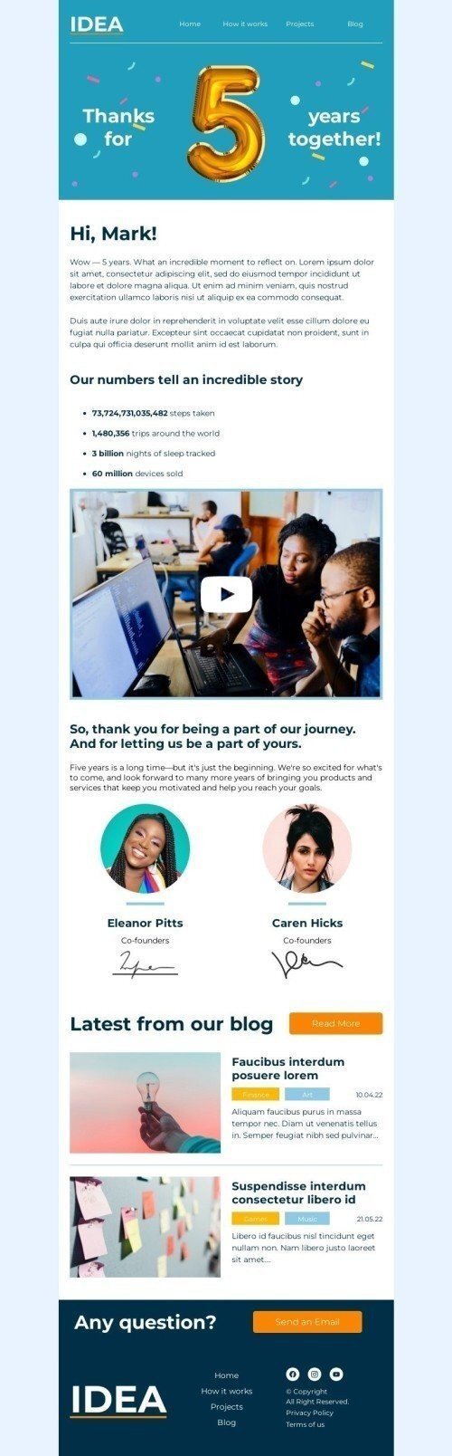 Personal Note Email Template "5 years together" for Crowdfunding industrydesktop view