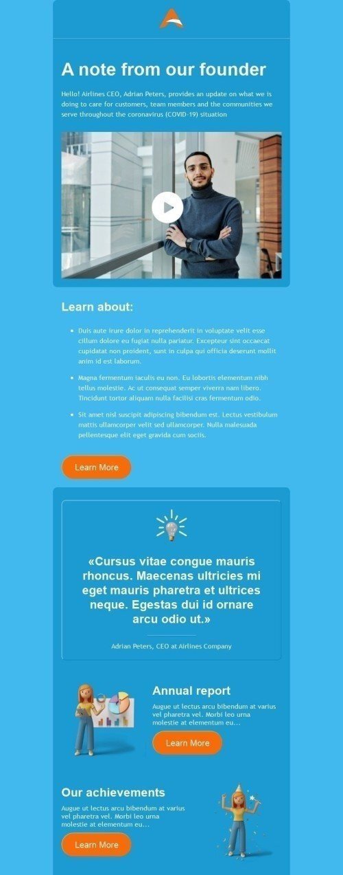 Persönliche Anmerkung E-Mail-Vorlage «Eine Notiz von unserem Gründer» für Fluggesellschaft-Branche Desktop-Ansicht