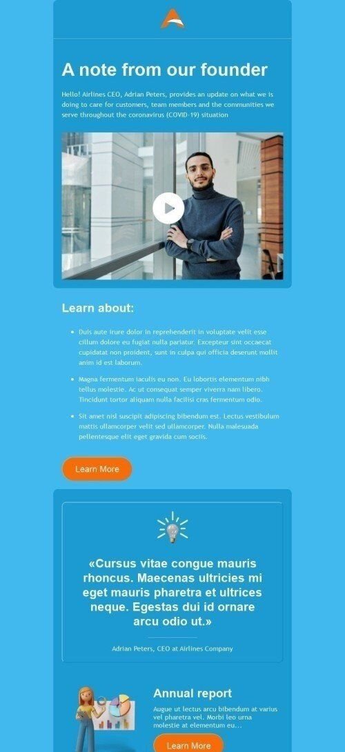 Personal Note Email Template "A note from our founder" for Airline industry mobile view